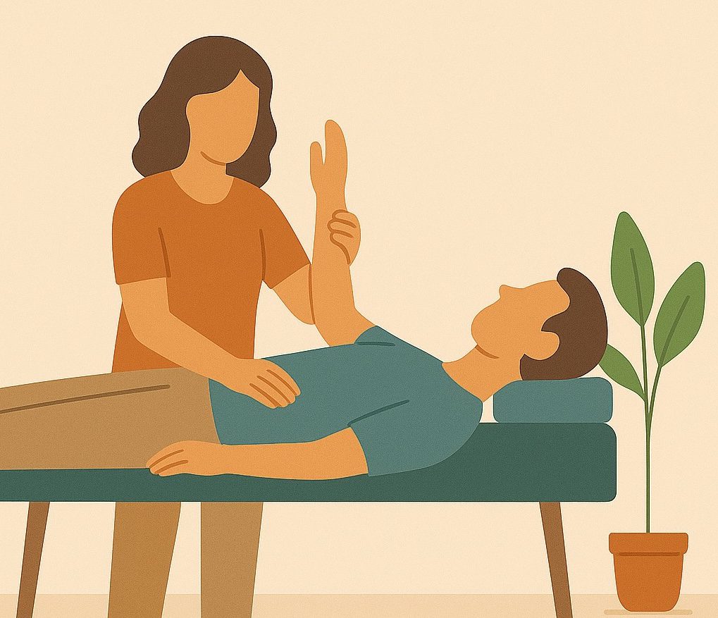Illustration d'une séance de kinésiologie : test musculaire sur une personne allongée
